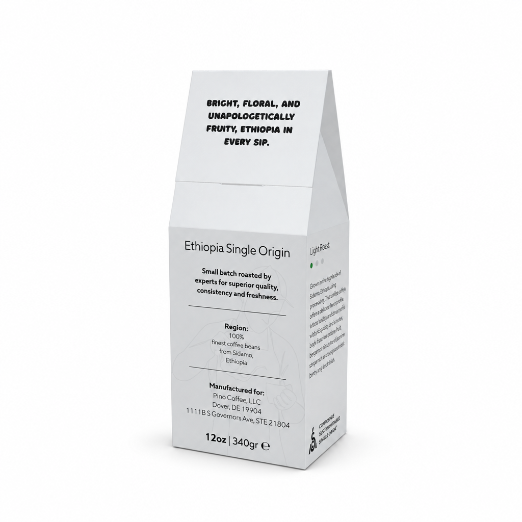 Pino Coffee Ethiopia Single Origin Coffee 12oz box, back