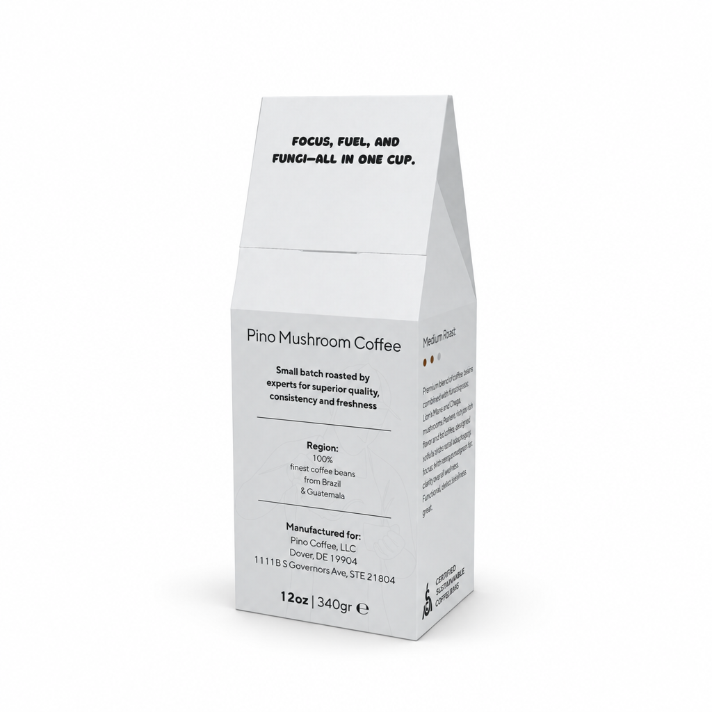Pino Coffee Functional Mushroom Coffee 12oz box, back