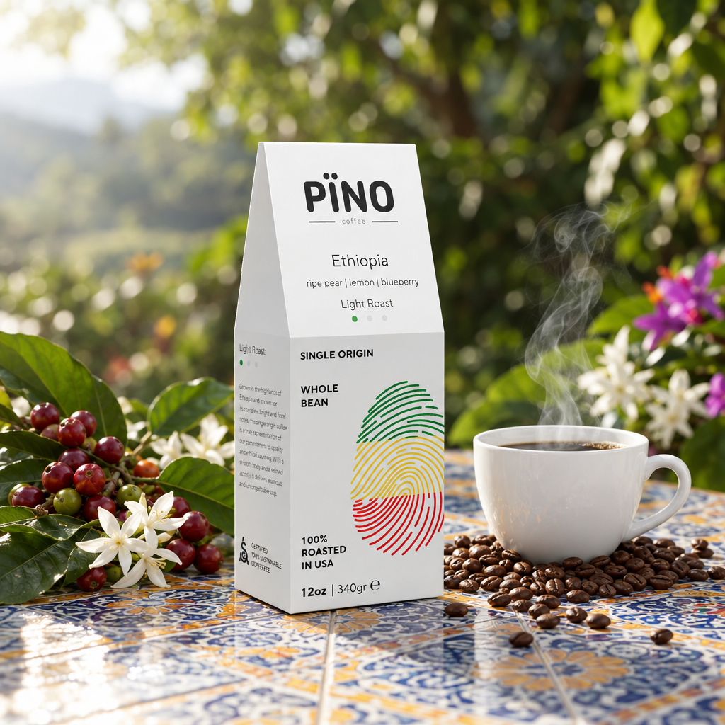 Pino Coffee Ethiopia Single Origin Coffee with a freshly brewed cup