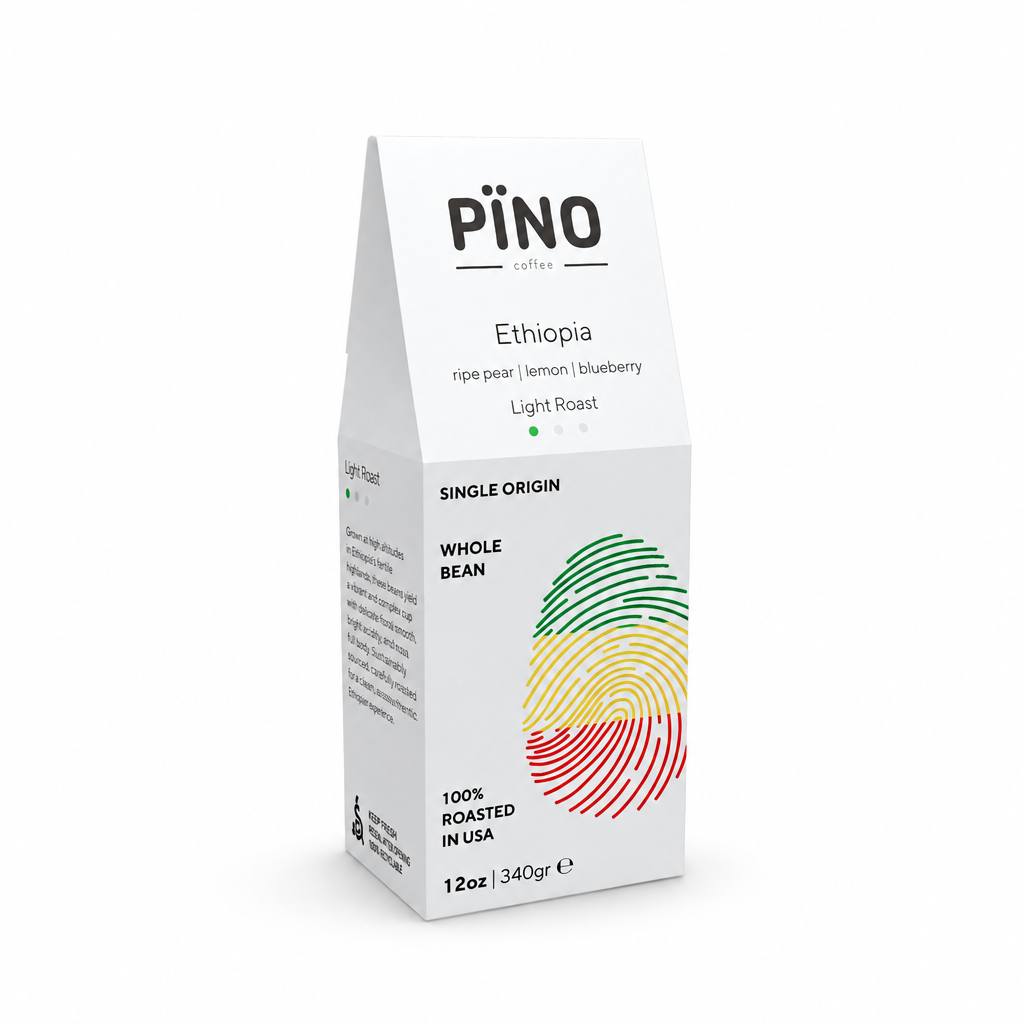 Pino Coffee Ethiopia Single Origin Coffee 12oz box, front