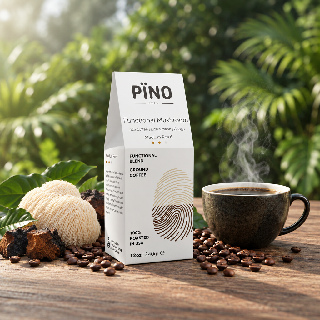 Pino Coffee Functional Mushroom Coffee with a freshly brewed cup