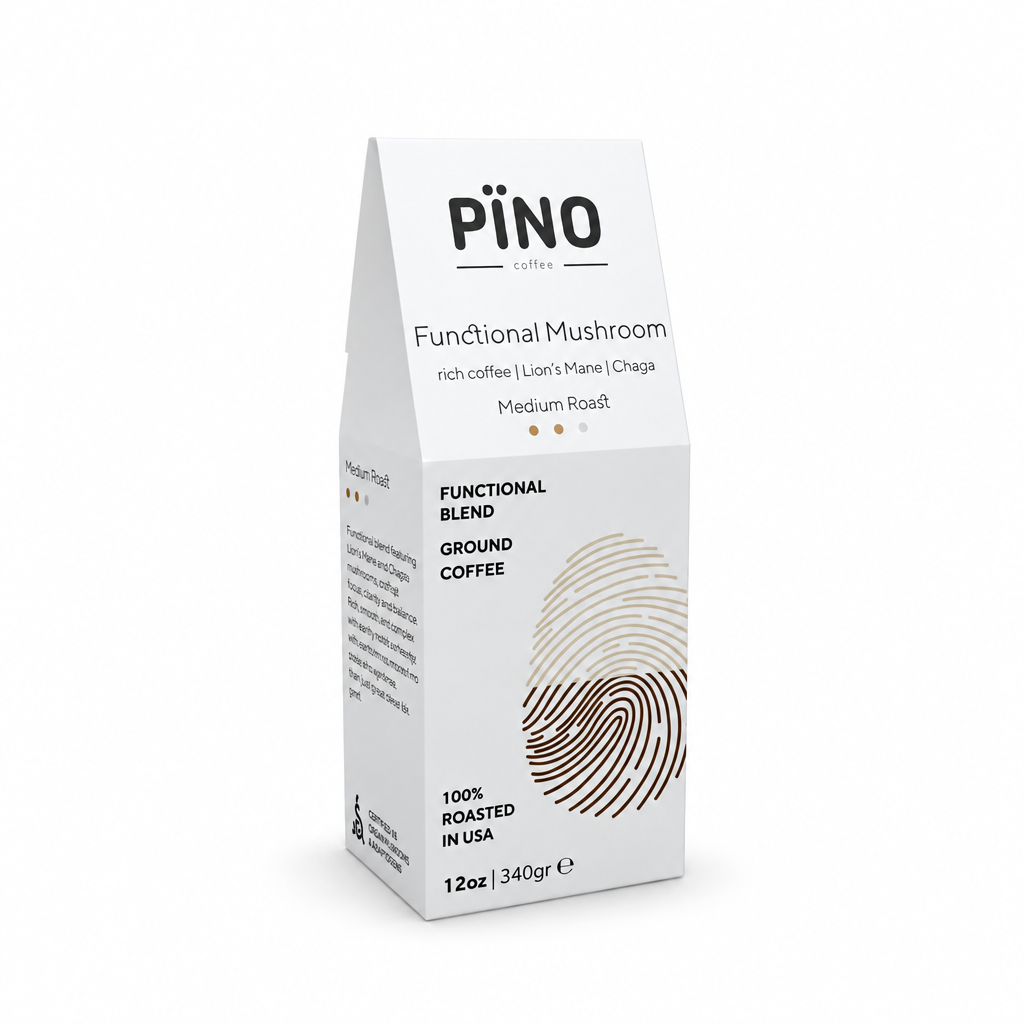 Pino Coffee Functional Mushroom Coffee 12oz box, front